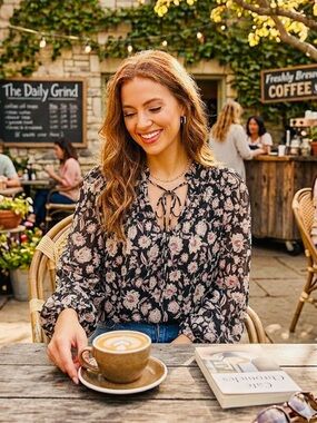 Dynamite Black Floral Tie-Neck Blouse